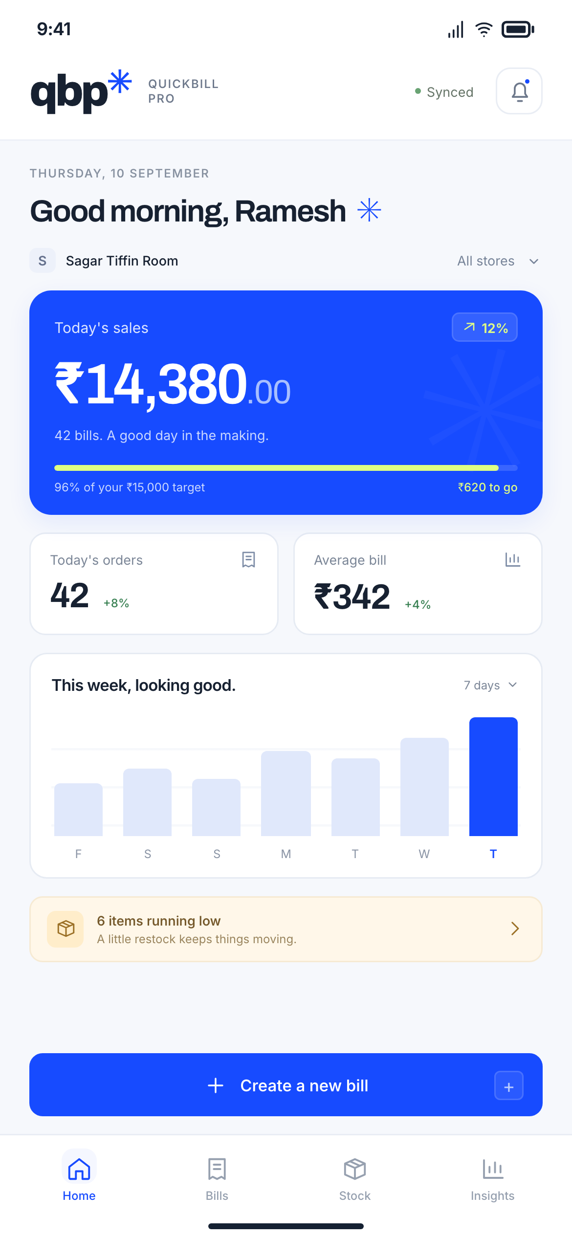 Redesigned QuickBill Pro dashboard showing sales, orders, stock and weekly sales
